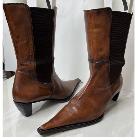 Romanelli Shoes - Romanelli Western Vrg Pointy Low Heel Mid Calf Brown Leather 7 Eu 38 N Boots